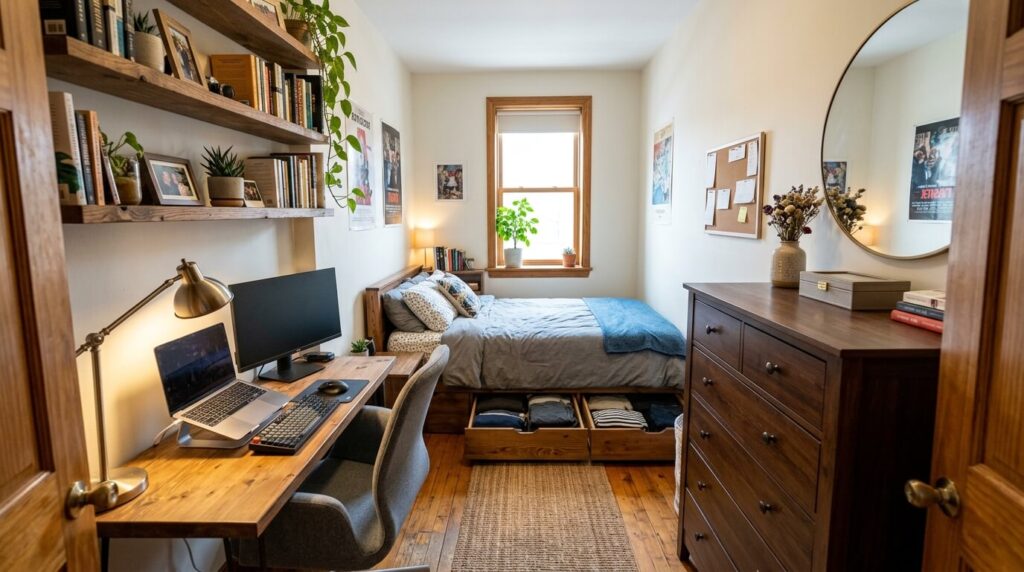 small bedroom layout with no closet showing floating wall hanging shelves, under bed storage and desk