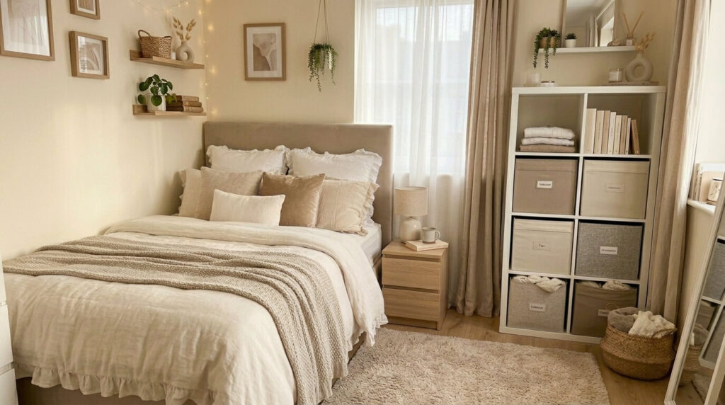 Cube storage unit with fabric drawer inserts in corner of a small bedroom