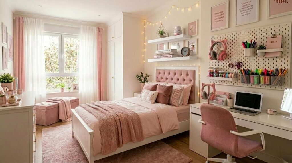 Small bedroom with floating shelves above bed, ottoman storage and pegboard above the desk 