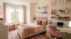 Small bedroom with floating shelves above bed, ottoman storage and pegboard above the desk
