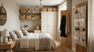 Small bedroom organized with baskets, under-bed storage, tidy surfaces, and clutter-free floor space