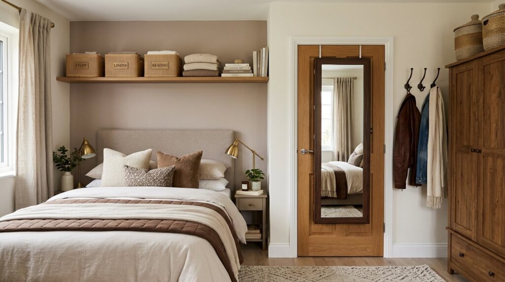 Small bedroom with vertical storage shelves, wall-mount storage storage baskets above the wardrobe and a full-length mirrored over-door jewelry armoire 