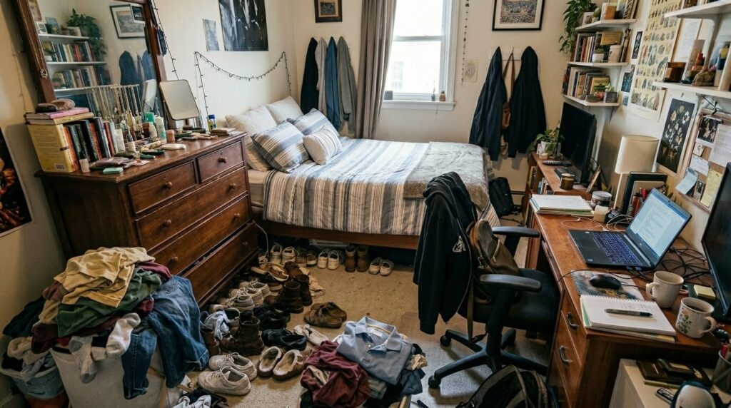 Organized small bedroom with  cluttered surfaces, too many clothes and shoes.