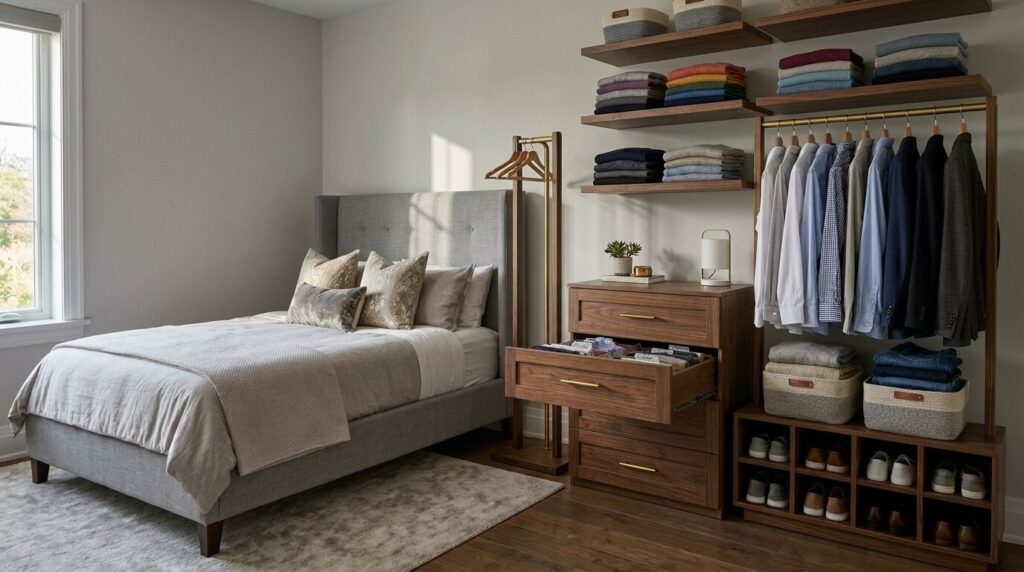 Neatly organized small bedroom without closet showing defined zones for hanging, folded and shoe storage