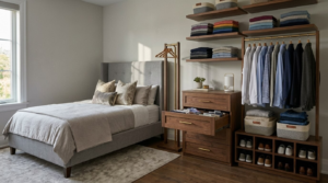 Neatly organized small bedroom without closet showing defined zones for hanging, folded and shoe storage