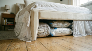 Spare duvet, pillow set and guest bedding sealed in vacuum compression bag stored flat under a bed in a small bedroom