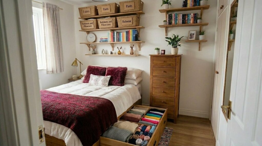 Small bedroom without a dresser, using a tall narrow chest of drawers and under-bed clothing storage in the tiny space.