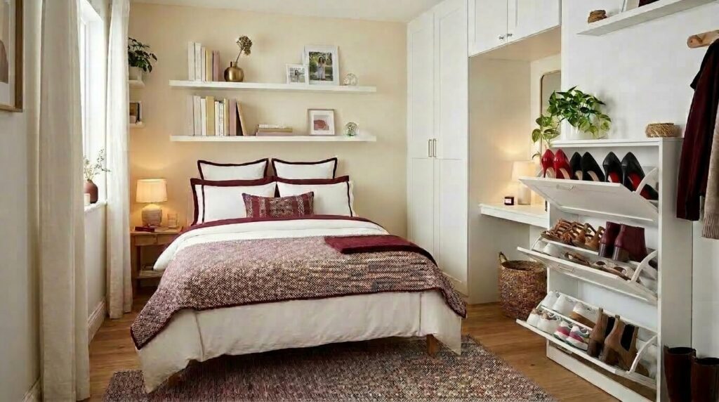 Small bedroom shoe storage ideas using wall shelves.