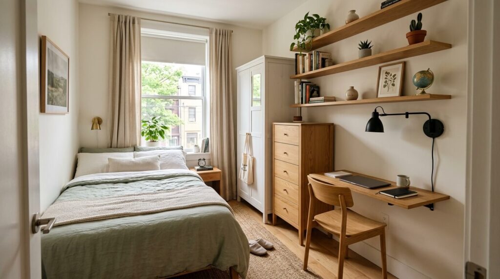 Narrow bedroom with bed tucked into corner, open central floor space running length of room