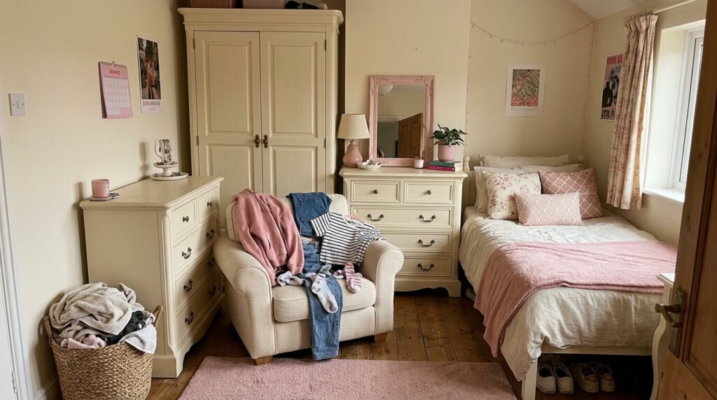 Cramped small bedroom with oversized furniture blocking the walkway