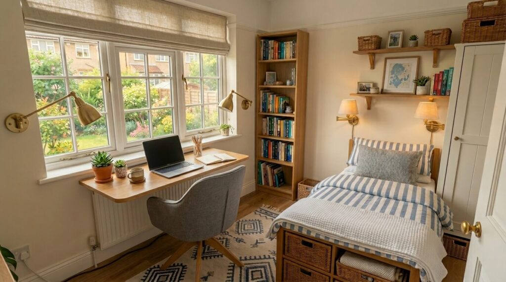 Small bedroom layout with narrow desk along long wall, floating shelves above the bed