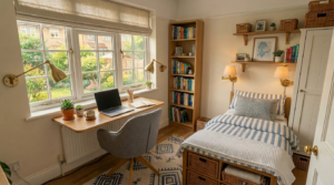 Small bedroom layout with narrow desk along long wall, floating shelves above the bed