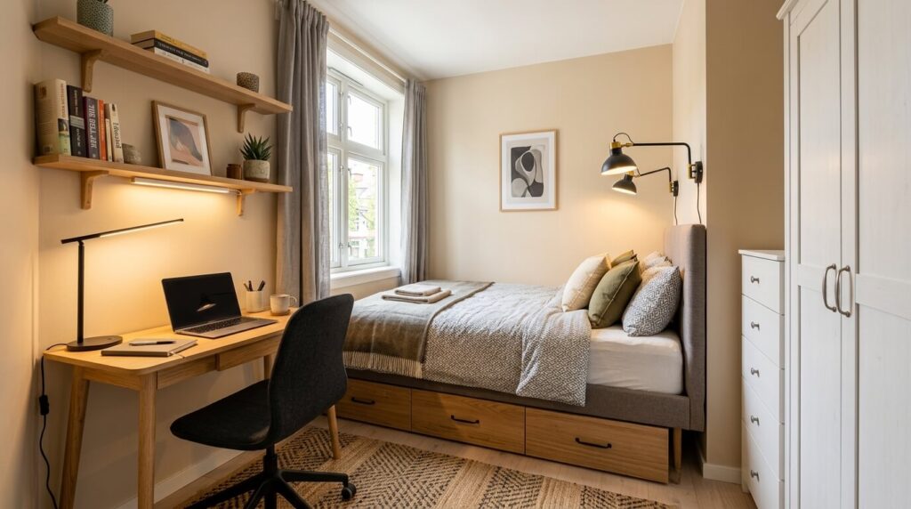 Small bedroom with floating shelves above the desk, under-bed storage and clear floor space