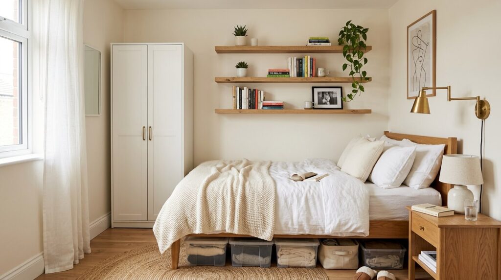 Small bedroom with under-bed storage, with dedicated task lights and floating wall shelves