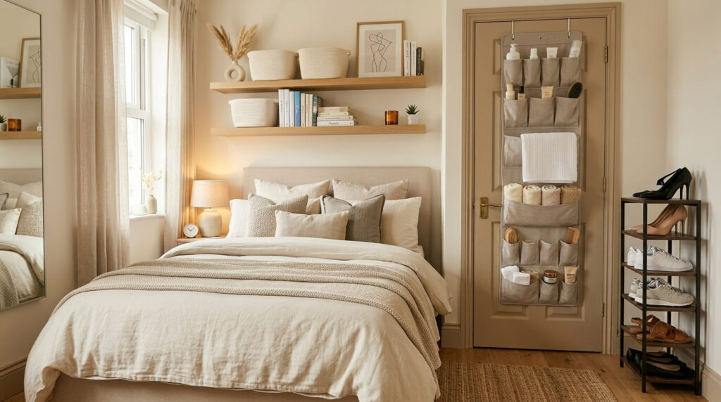 Small bedroom with floating shelves above the bed, over-the-door organizer and budget shoe rack saving space effectively
