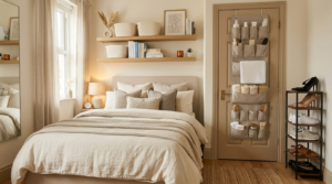 Small bedroom with floating shelves above the bed, and budget shoe rack saving space effectively