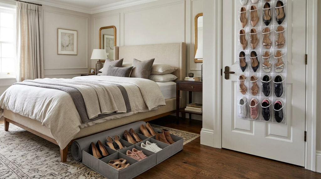 Small bedroom storage ideas using clear pocket over-door shoe organizer on the back of bedroom door with pairs visible in each pocket and a flat under-bed shoe storage box with individual compartments open showing stored footwear