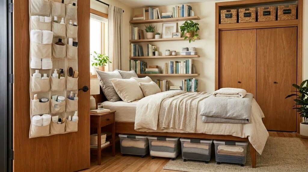 Small bedroom after declutter showing clear surfaces and organized storage after edit