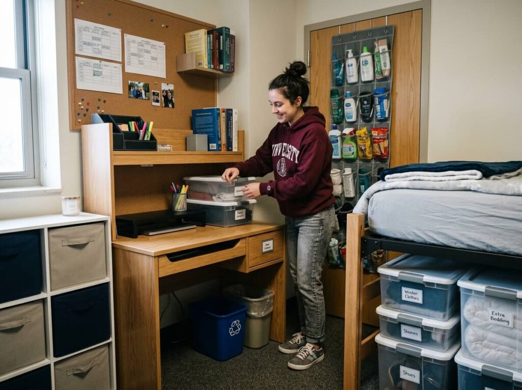 Student organizing a small dorm room using simple systems that help keep the space clean and clutter-free all semester