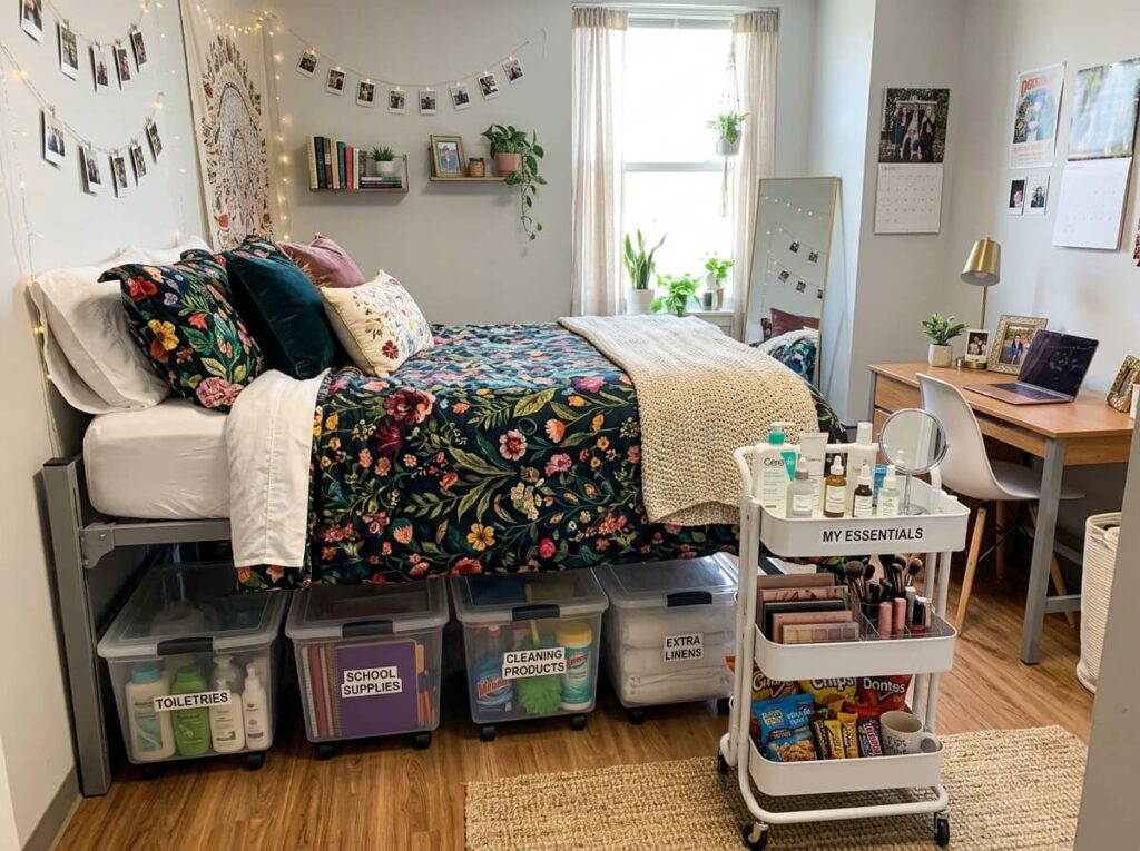 Organized small dorm room with clear desk, storage bins, vertical storage, under bed storage and clutter free study area