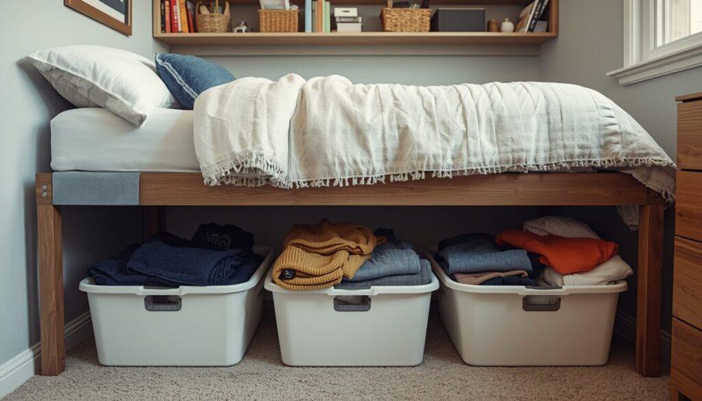 Dorm room organized with vertical storage solutions and under bed storage baskets