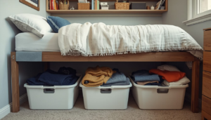 Dorm room organized with vertical storage solutions and under bed storage baskets