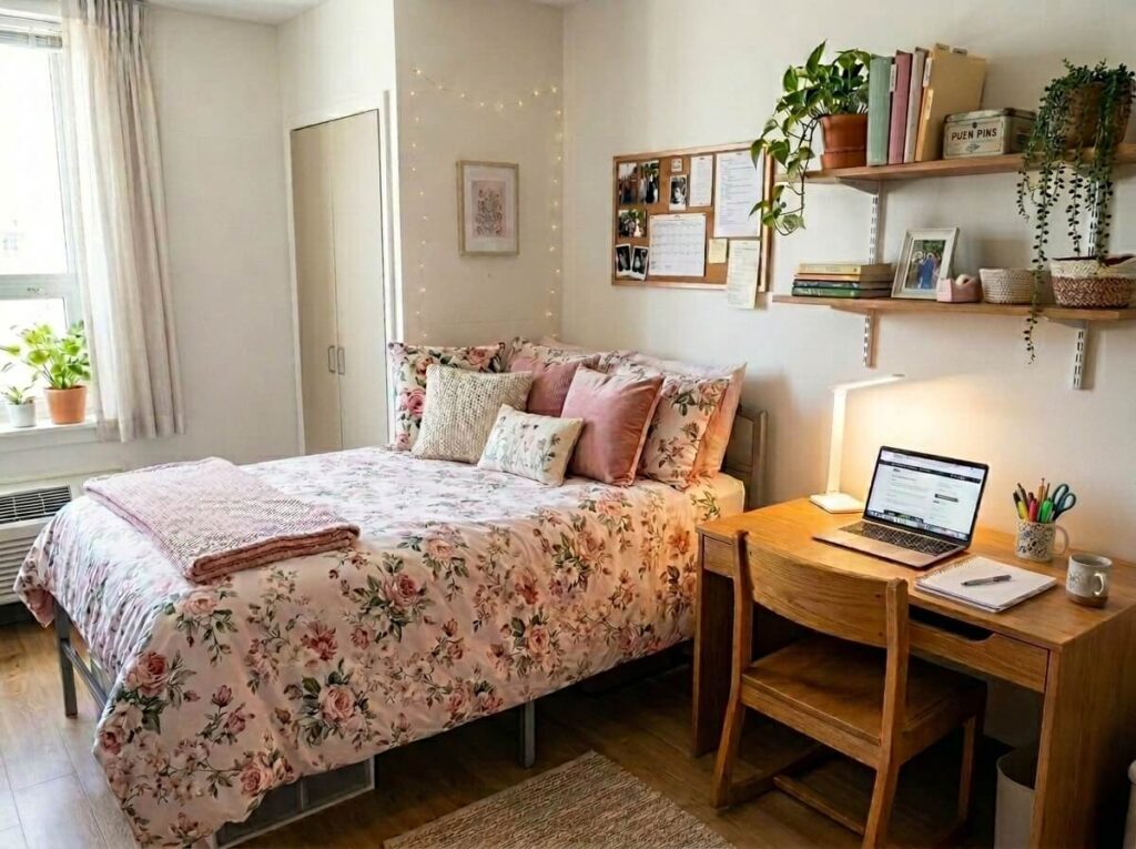 Cozy dorm room with warm lighting, personal photos, plants and organized storage creating a home-like atmosphere in a small space