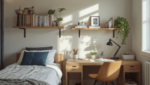 Dorm room organized with vertical storage solutions including no drill shelving above the desk and bed.