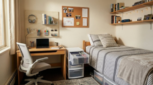 Dorm room with no closet space organized using a pegboard. adhesive shelves, stackable drawers and under-bed storage