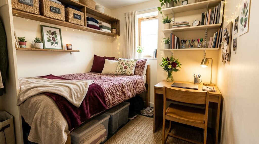 Small organized dorm room with lofted bed, under-bed storage, vertical shelving and a clutter-free study desk