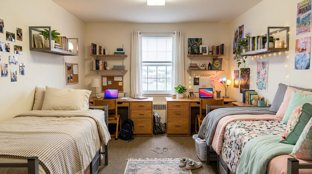 Two students sharing a small dorm room with organized storage, lofted beds, divided beds, divided study areas, and clutter free floor space.