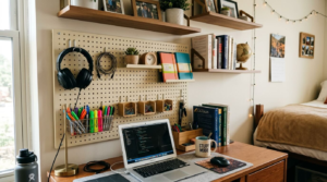Organized dorm desk with pegboard above holding headphones hooks and vertical shelves for storage