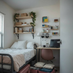 Large suitcase stored neatly under a bed with seasonal clothing and bedding inside for extra storage in a small dorm room