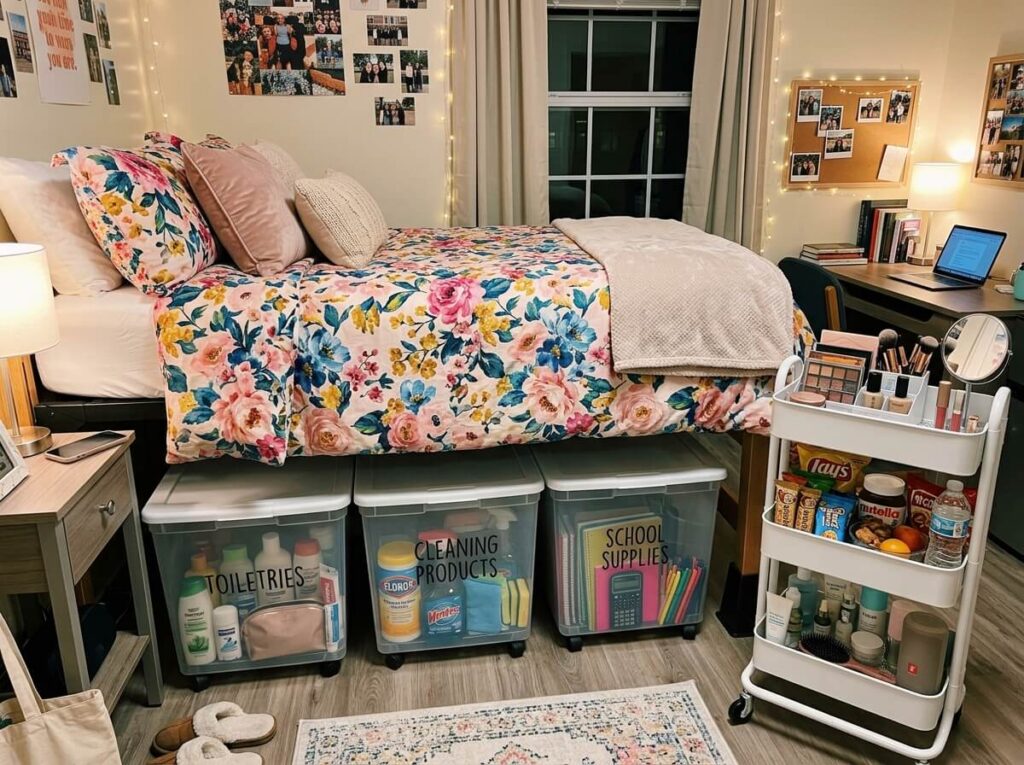 Small dorm room with organized under-bed storage bins, luggage, bedding containers, and labeled organizers maximizing hidden storage space