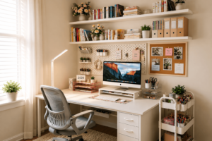 Small desk setup with pegboard, monitor stand, floating shelf, rolling cart and desk organizer creating an organized workspace.