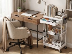 Stylish rolling cart organizer beside a desk in a small bedroom home office with storage baskets, stationery and decor.