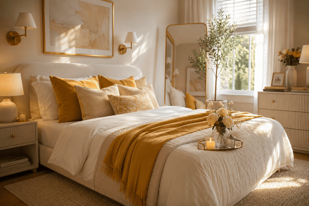 Cozy butter yellow bedroom with white bedding, warm lighting, natural wood furniture and layered neutral decor in a small space.