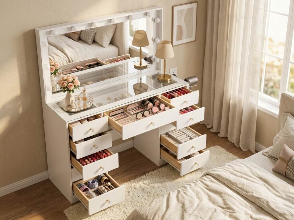 Glasstop vanity with crystal handles eleven drawers and large LED mirror in white bedroom. Perfect for someone with lots of makeup