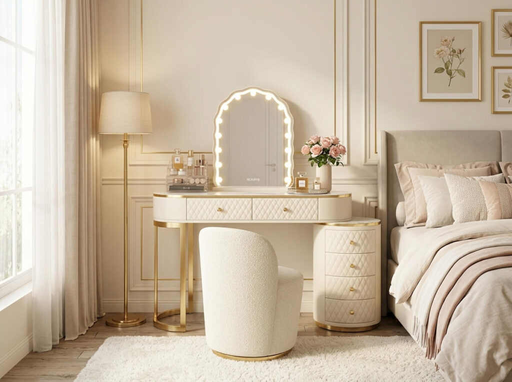 Elegant feminine vanity corner in a small bedroom featuring a cream vanity with gold accents, Hollywood mirror, bouclé chair, brass lamp, blush flowers, and luxury bedroom decor.