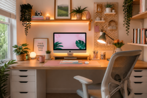 A colorful workspace with a wooden desk, ergonomic chair, plants, floating shelves, pegboard and bright desk accessories in a cozy small room.