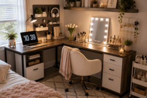 A cozy bedroom office and vanity setup featuring an L-shaped desk, upholstered chair, tabletop vanity mirror, floating shelves and soft neutral decor in a small bedroom.