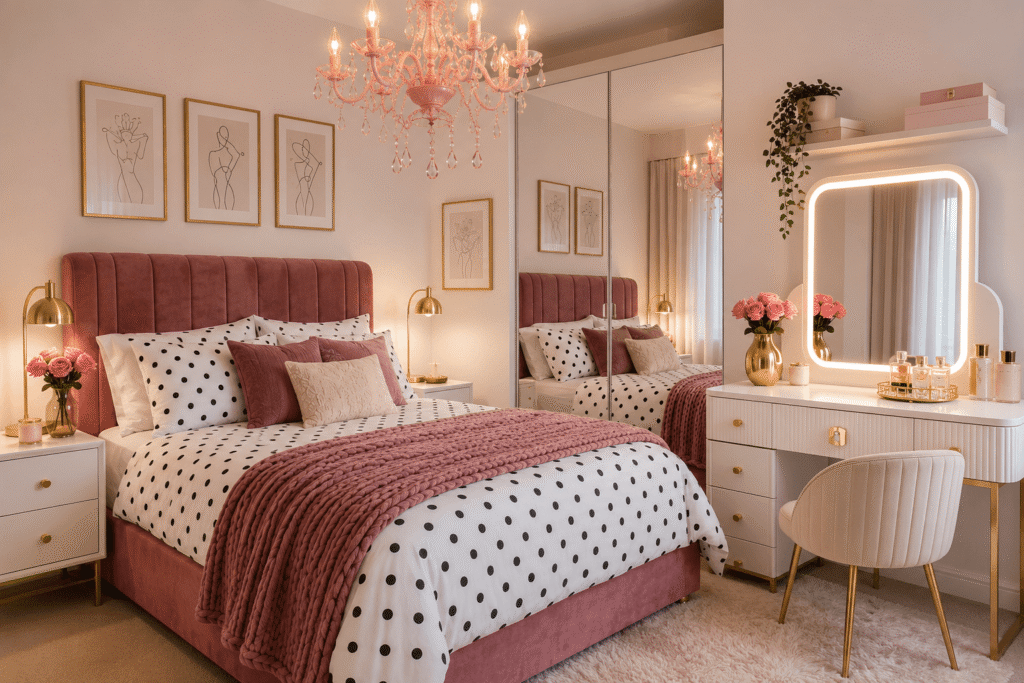 Luxury small bedroom with black and white polka dot bedding, blush velvet bed, pink crystal chandelier, luxury vanity, mirrored wardrobe, gold accents, and cozy layered textures.