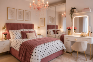 Luxury small bedroom with black and white polka dot bedding, blush velvet bed, pink crystal chandelier, luxury vanity, mirrored wardrobe, gold accents, and cozy layered textures.