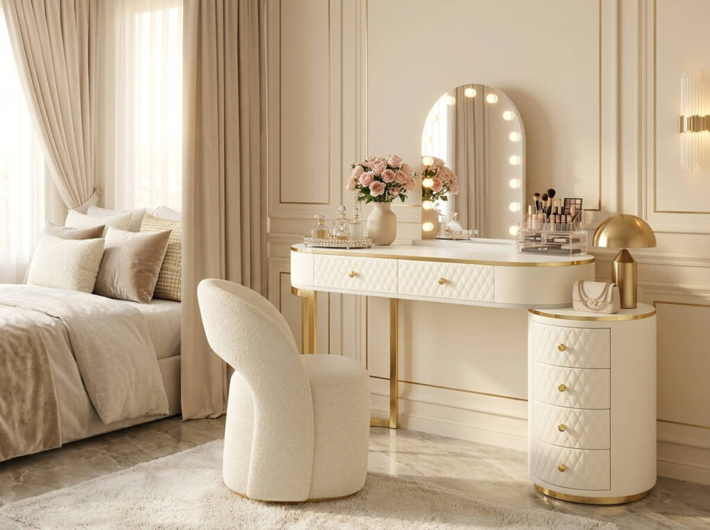 Luxurious looking vanity, Paired with a comfortable bouclé vanity chair in a small bedroom