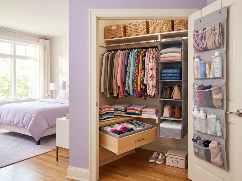 Beautifully organized tiny closet featuring slim velvet hangers, hanging shelves, woven baskets, shelf dividers and space-saving storage products for a small bedroom.