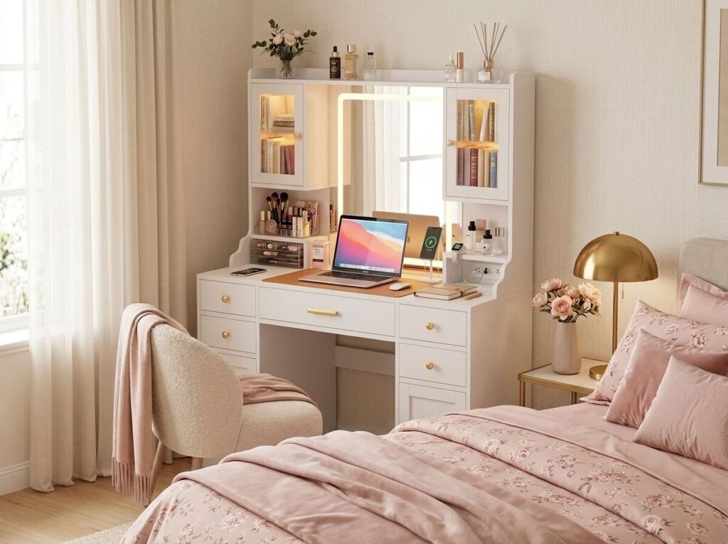 Vanity in a tiny bedroom That Doubles as a home office desk