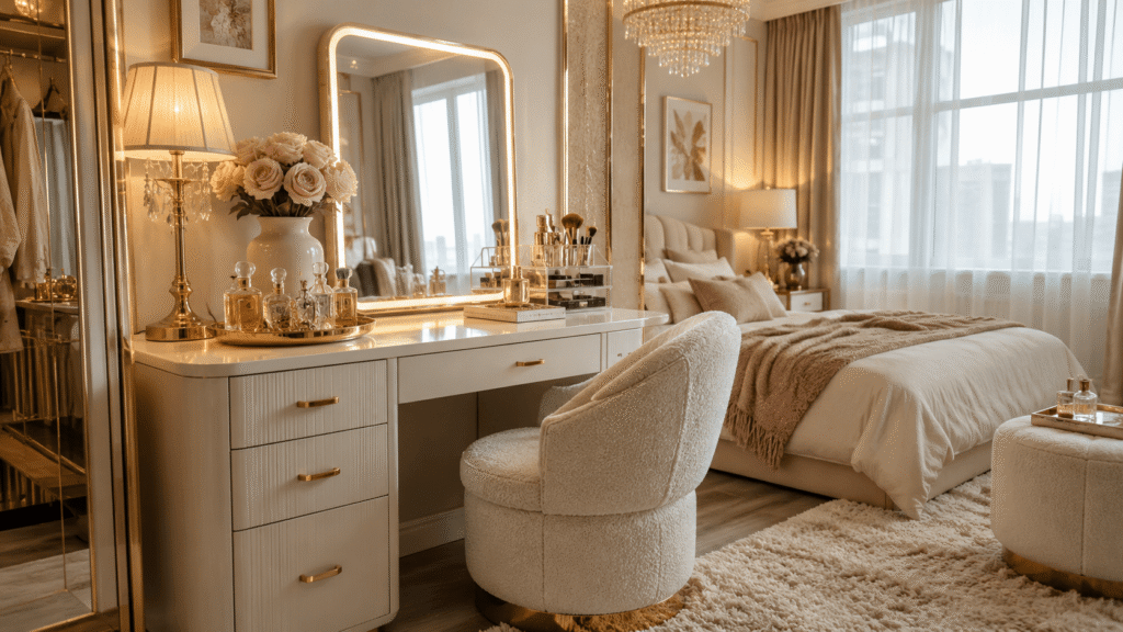 Luxury small bedroom vanity ideas showing a setup with cream leather vanity, Hollywood mirror, boucle chair, brass lamp and organized makeup storage.