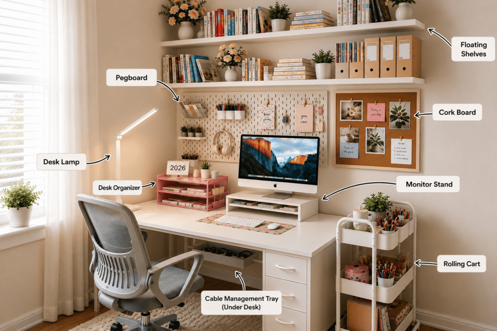 Small desk setup with a pegboard, monitor stand, floating shelf, rolling cart and desk organizer that improved my workspace and productivity