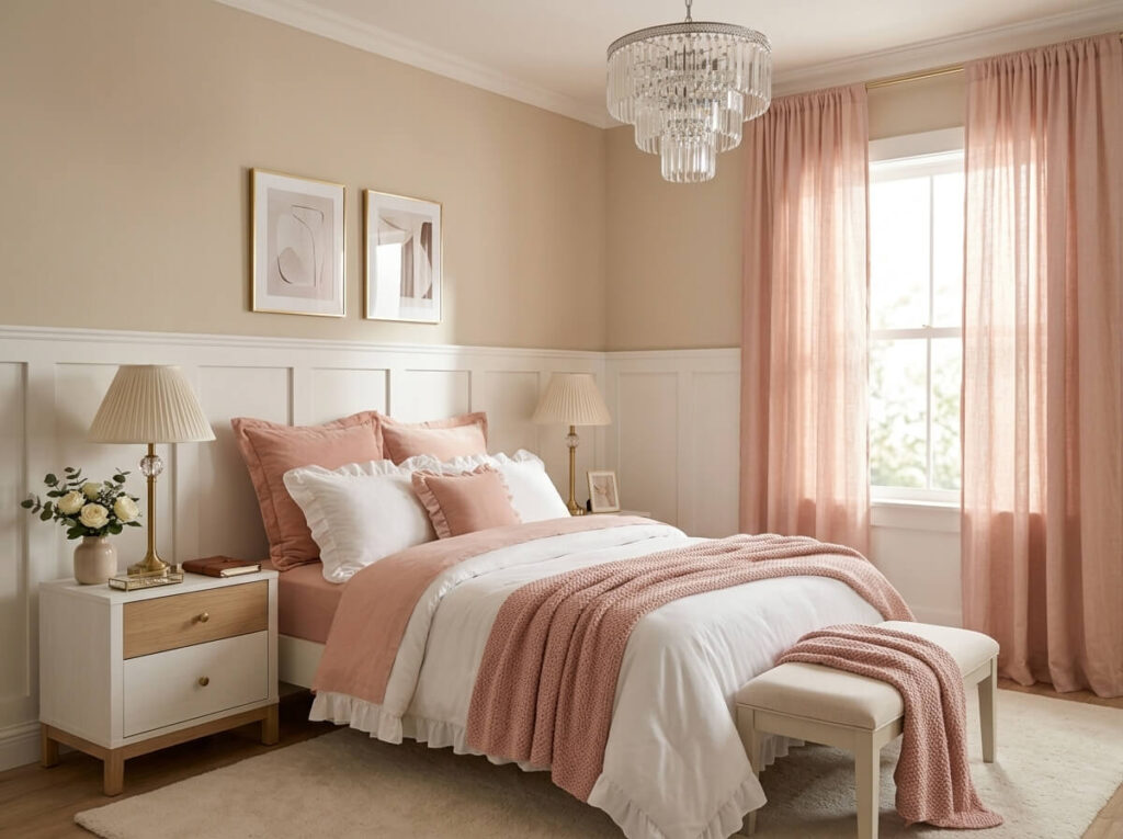 Small bedroom styled with curtains hung ceiling height wide beyond window frame and layered textured bedding