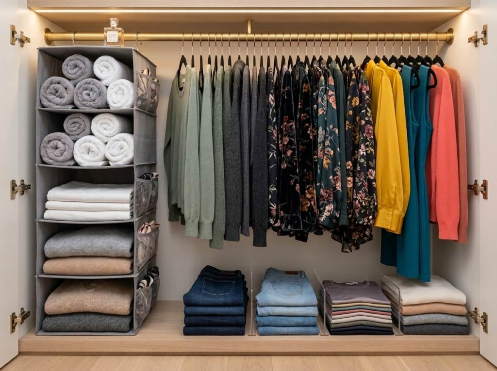 Organized small closet with slim velvet hangers color-organized clothing hanging shelf organizer and closet dividers neatly separating folded clothes